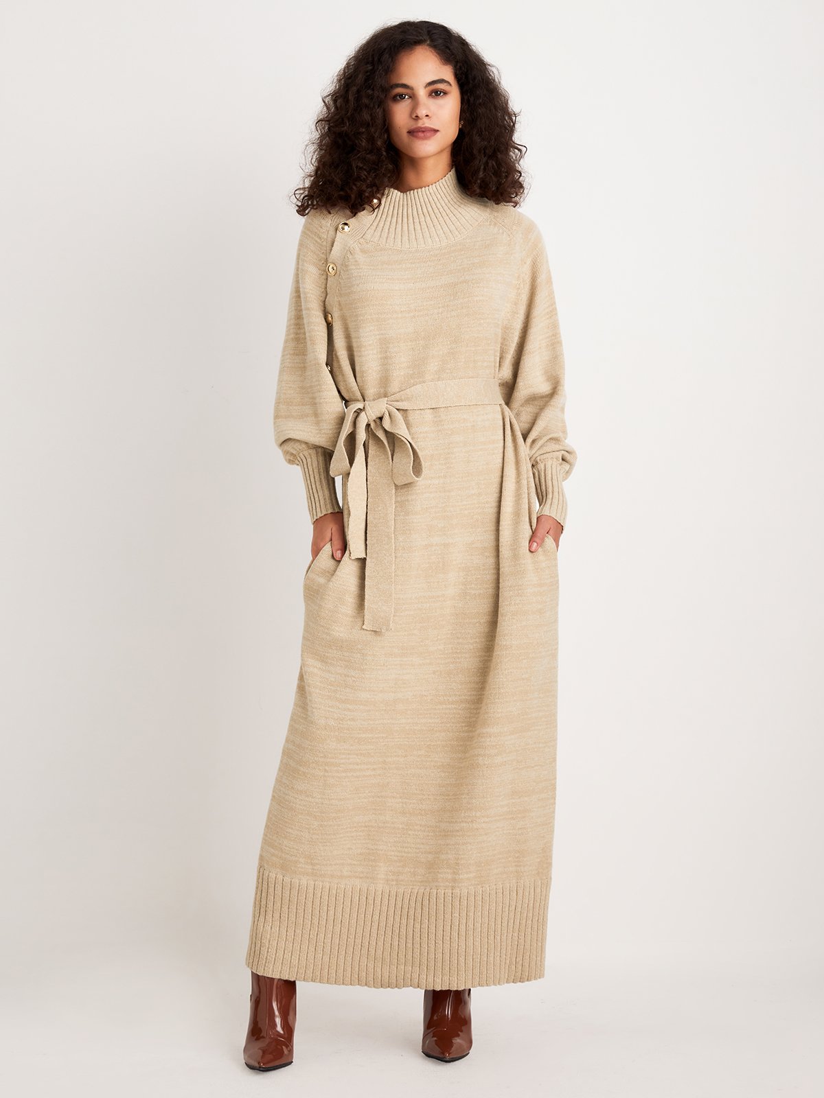 Long sleeve Loose Elegant Plain Midi Dress