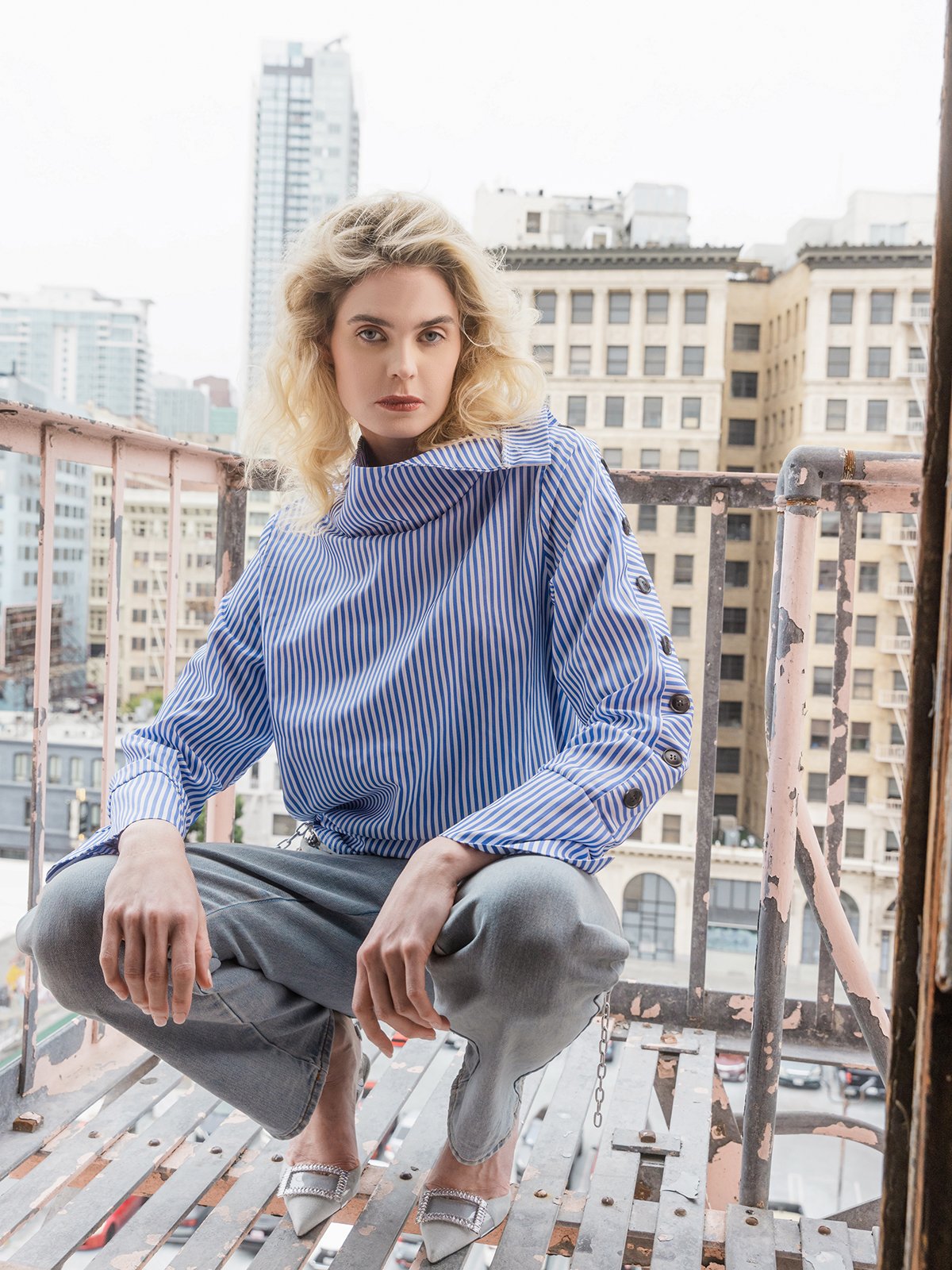 Casual High Neck Striped Long Sleeve Top
