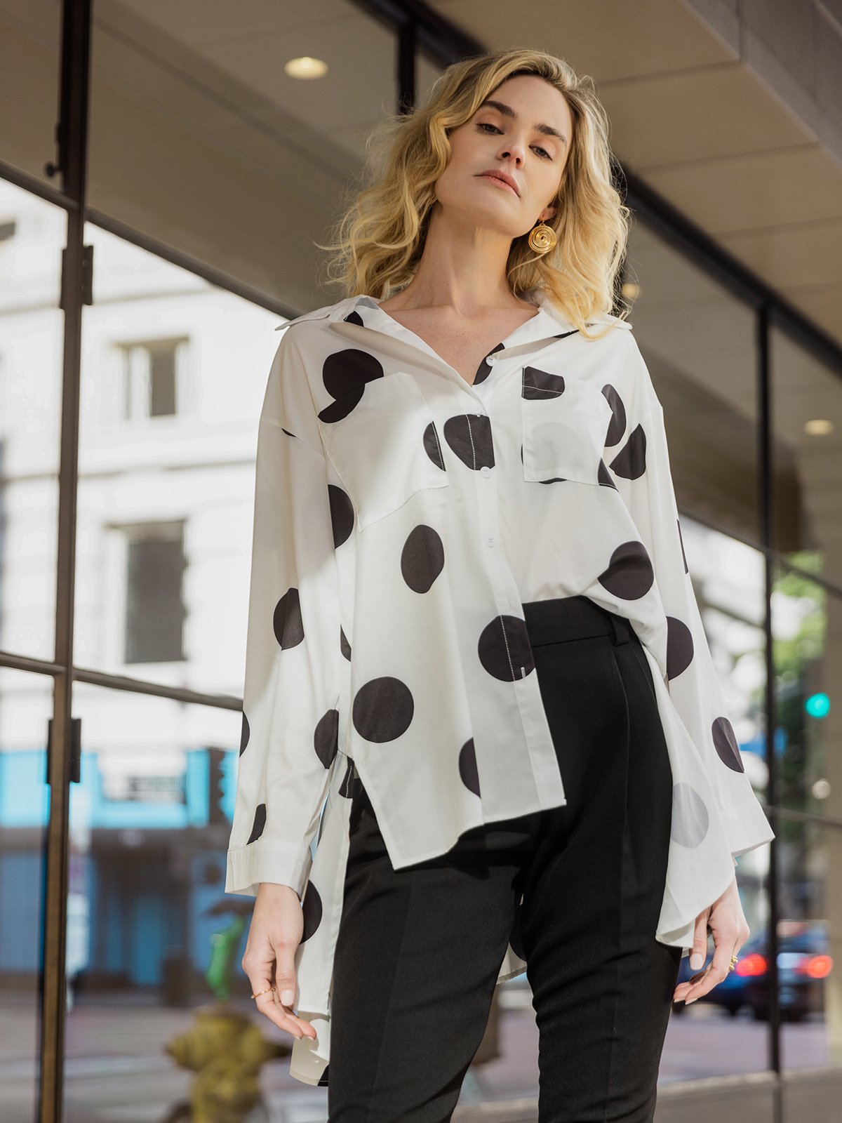 Shirt Collar Polka Dots Shift Elegant Top