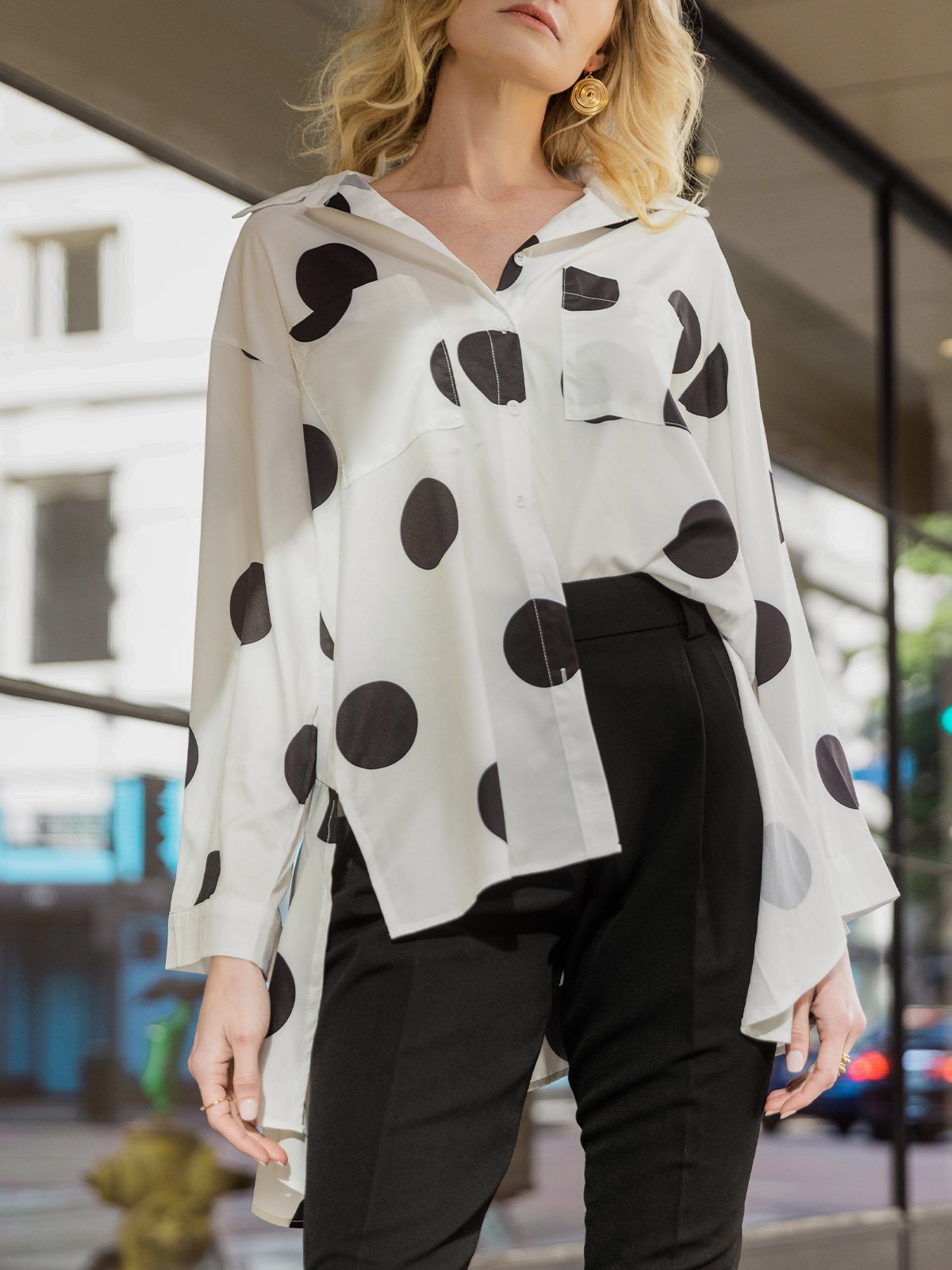 Shirt Collar Polka Dots Shift Elegant Top