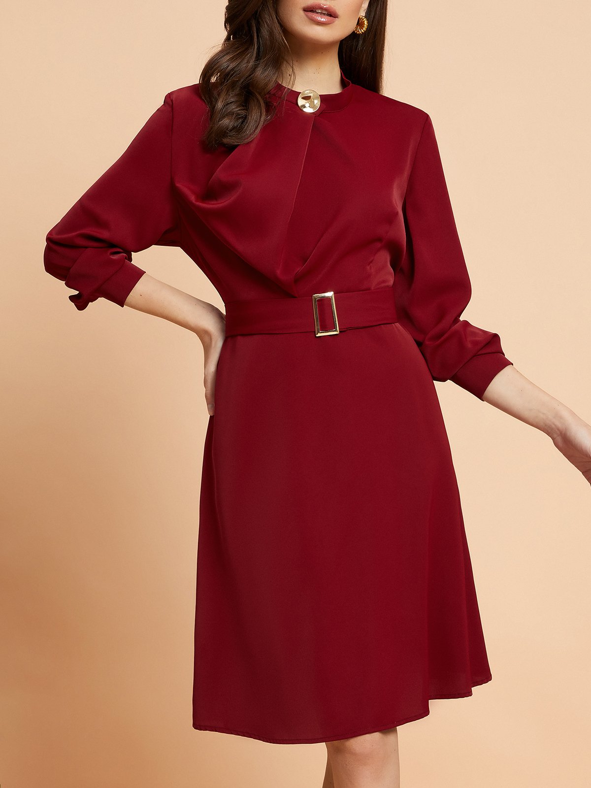 Regular Fit Plain Elegant Dress With Belt