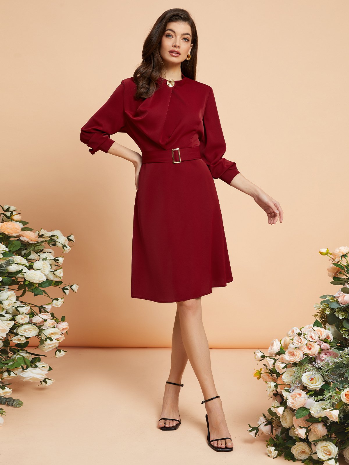 Regular Fit Plain Elegant Dress With Belt