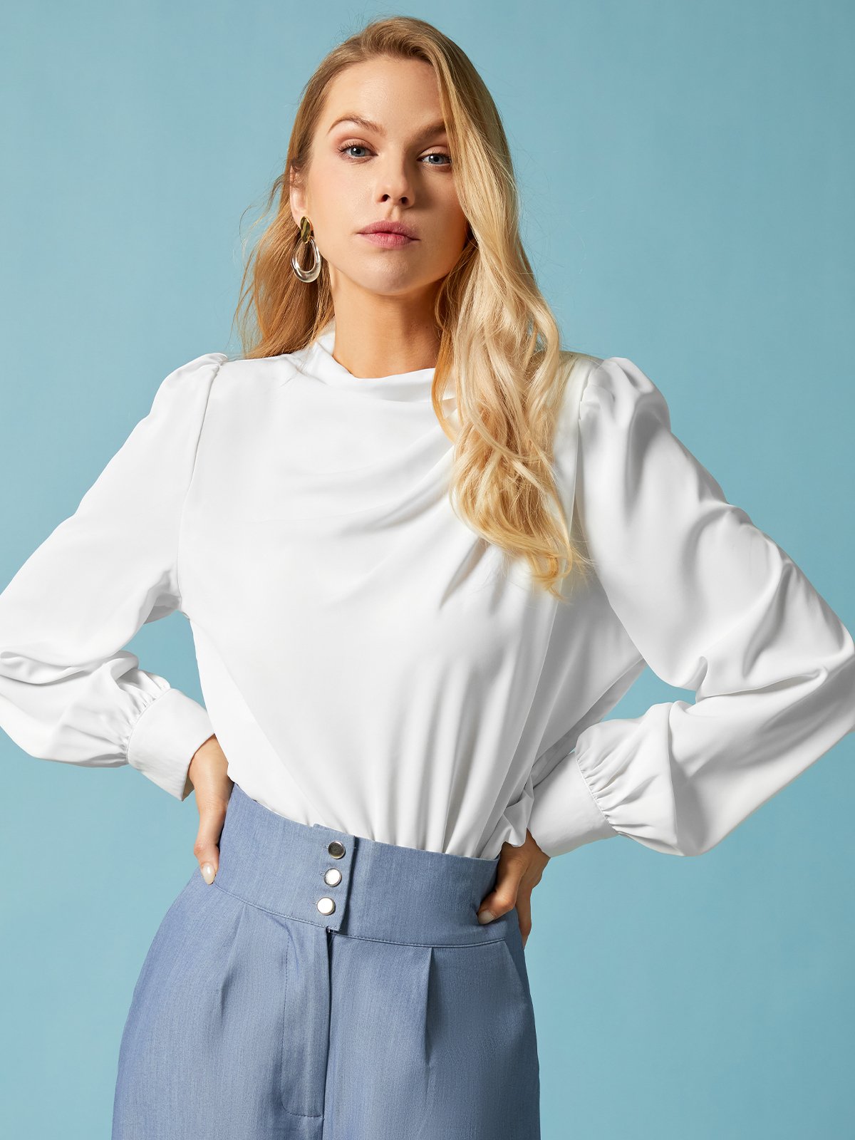 Stand Collar Elegant Plain Regular Fit Blouse