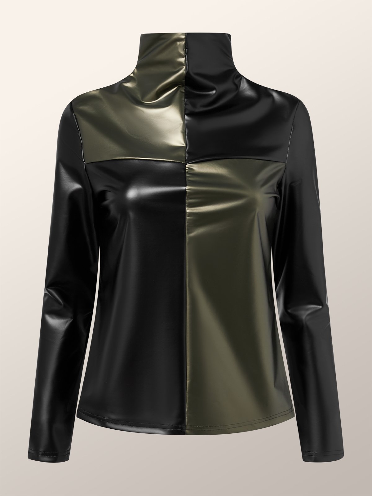 High Elasticity Tight Turtleneck Long sleeve Color Block Urban Top