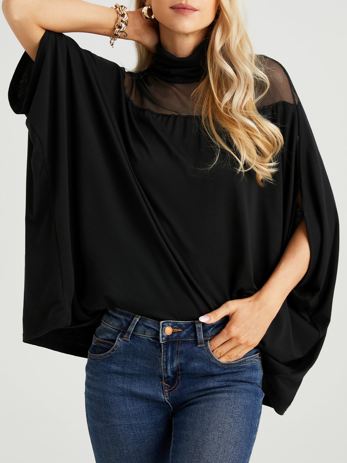 Loose Plain Turtleneck Elegant Blouse