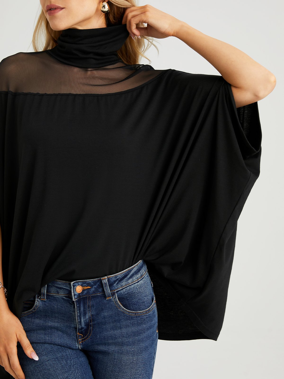 Loose Plain Turtleneck Elegant Blouse