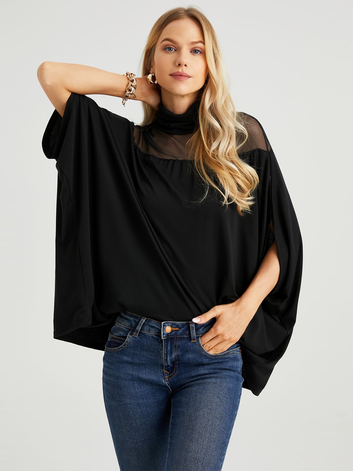 Loose Plain Turtleneck Elegant Blouse