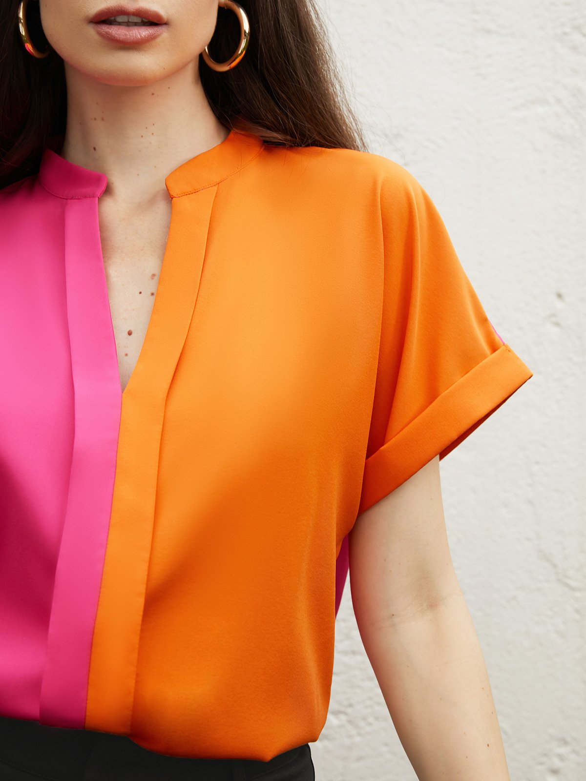 Urban Loose Color Block Stand Collar  Blouse
