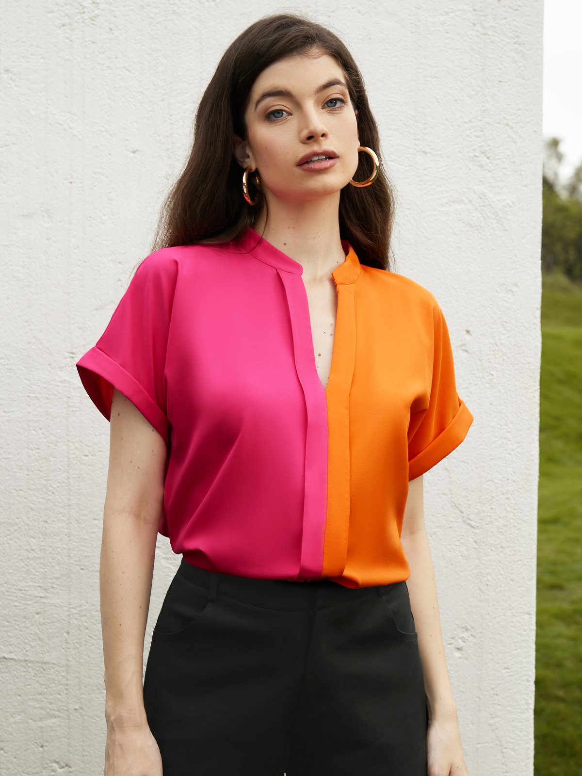 Urban Loose Color Block Stand Collar  Blouse