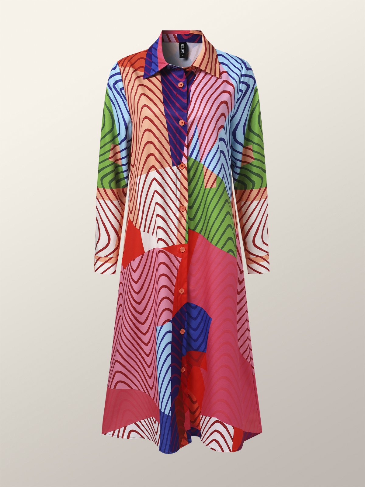 Loose Vacation Shirt Collar Chevron Midi Dress