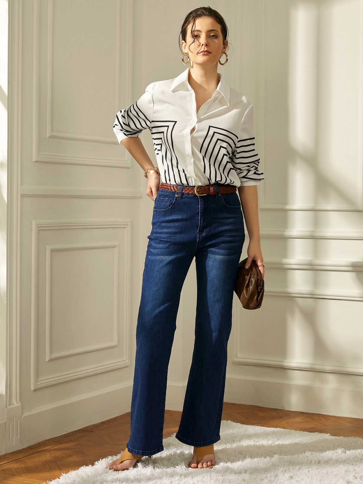 Striped Shirt Collar Urban Blouse