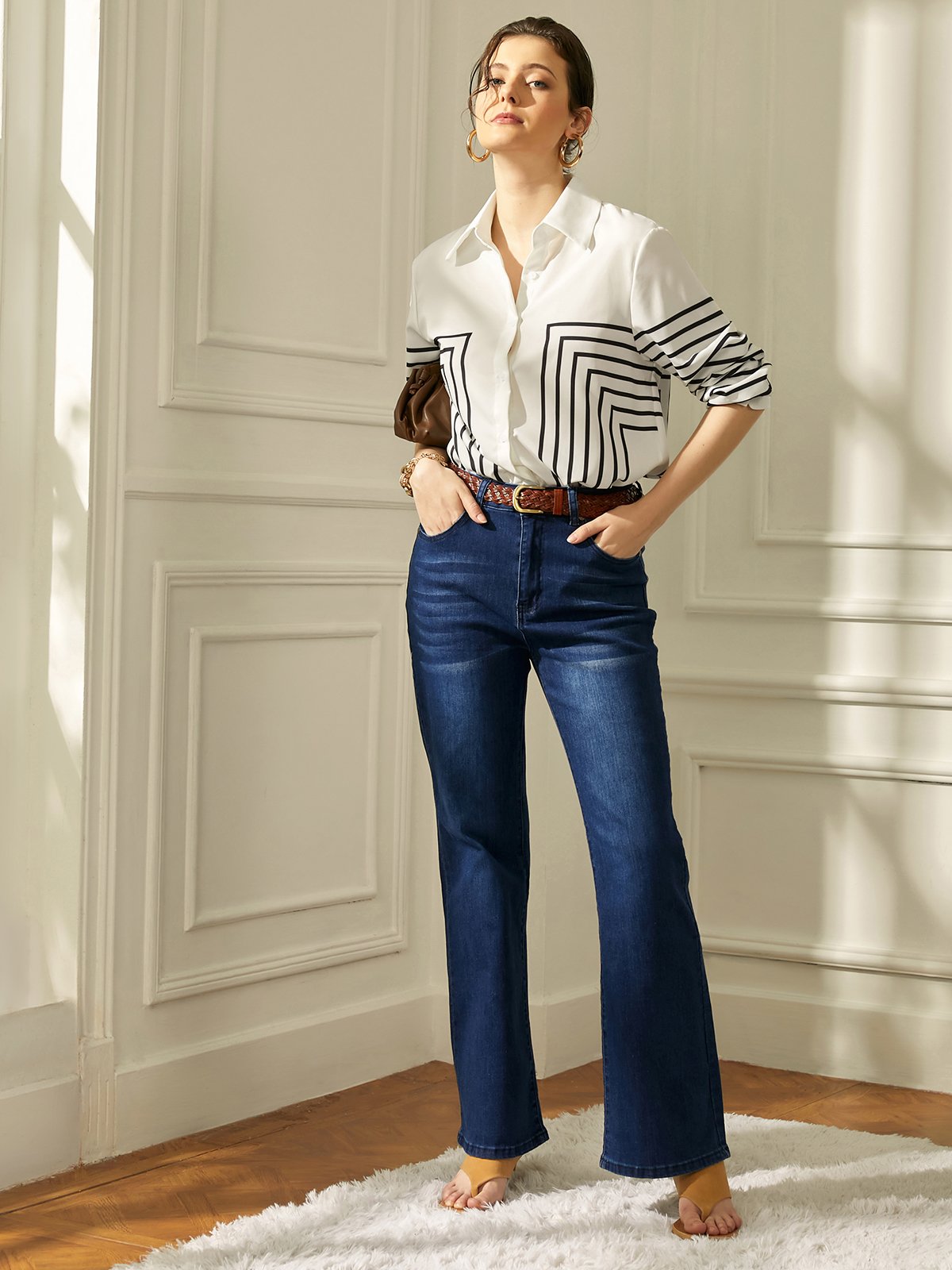 Striped Shirt Collar Urban Blouse