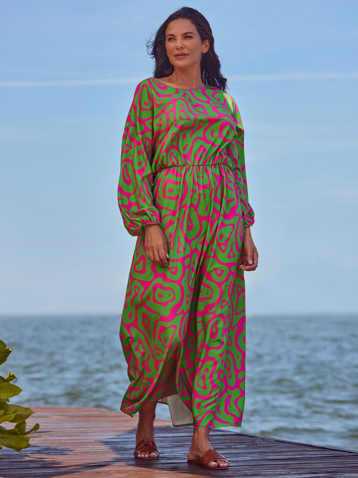 Green Long sleeve Lantern Sleeve Regular Fit Vacation Dress