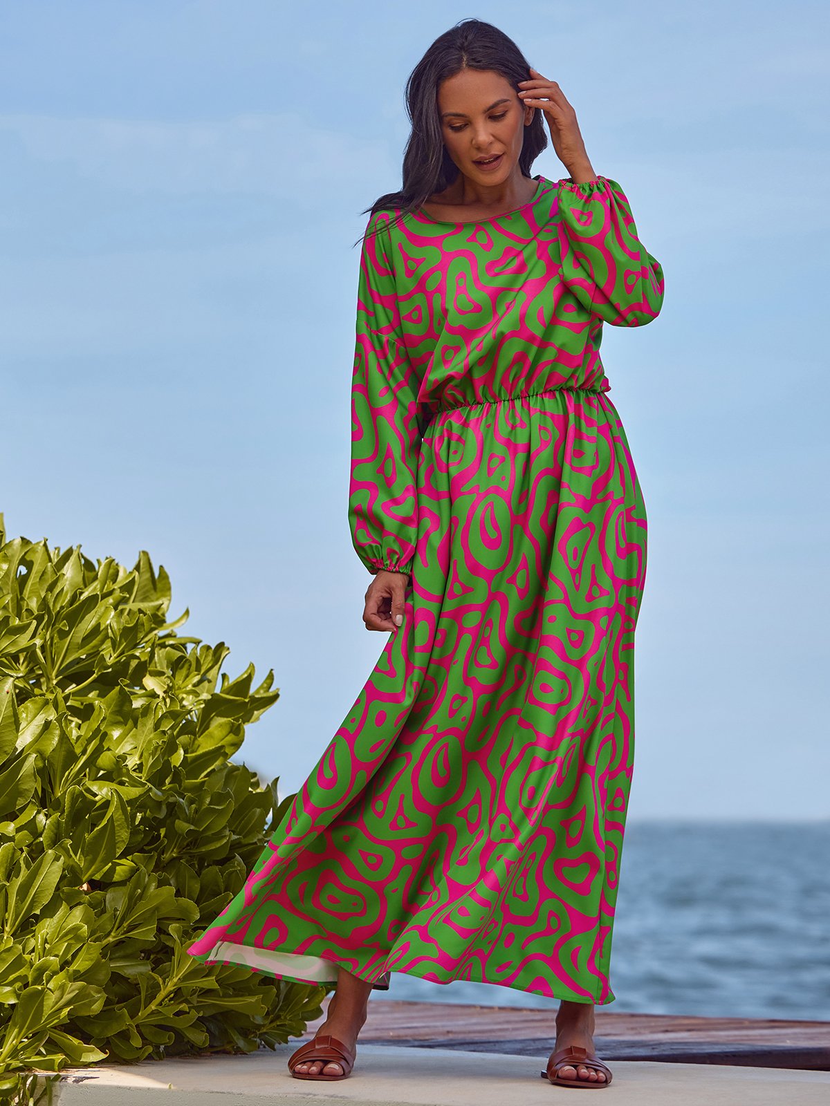 Green Long sleeve Lantern Sleeve Regular Fit Vacation Dress