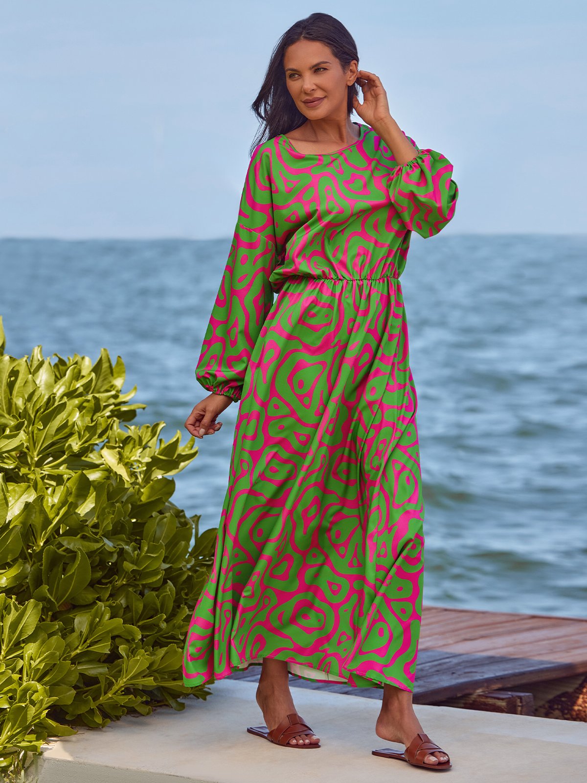 Green Long sleeve Lantern Sleeve Regular Fit Vacation Dress