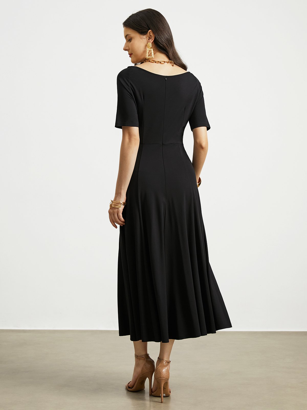 High Elasticity Crew Neck Short sleeve Elegant Midi Dress With No