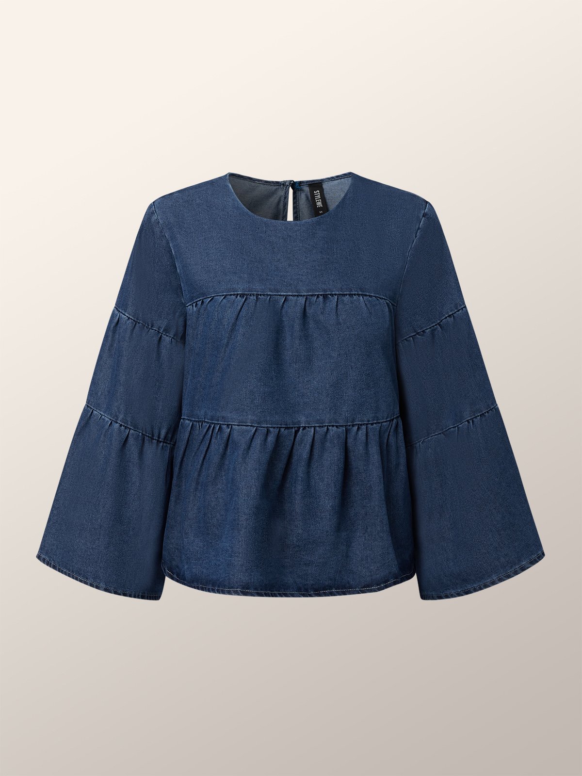 Three Quarter Crew Neck Casual Denim Top