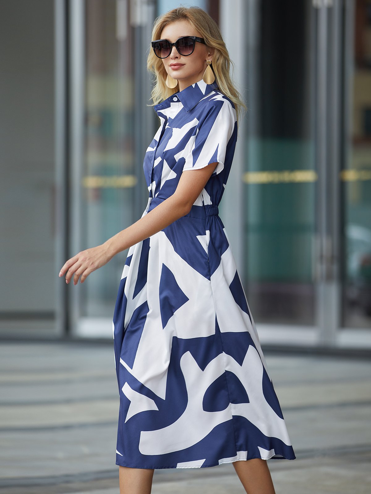 Casual Shirt Collar Abstract Printing Dress With No