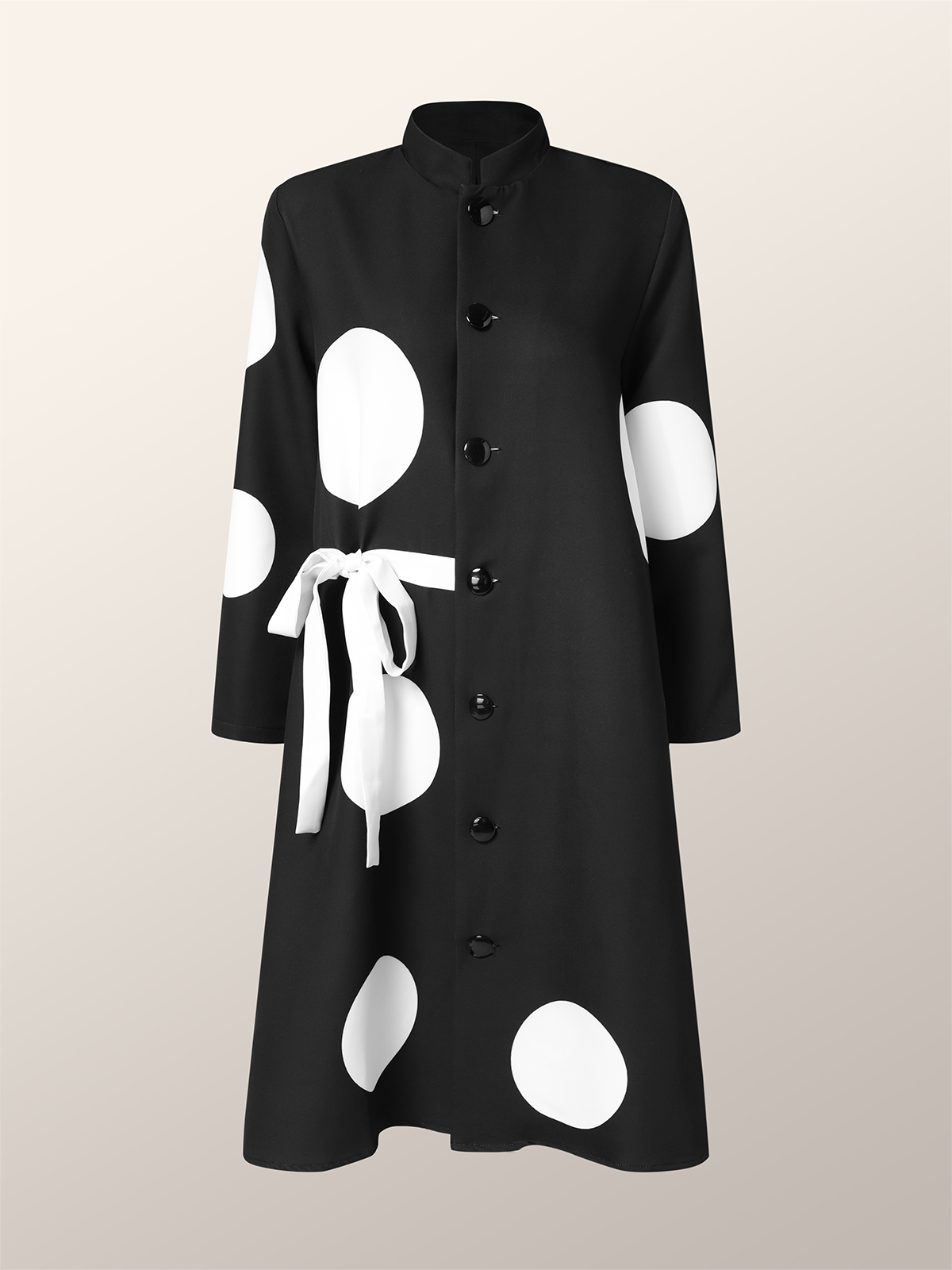 Polka Dots Stand Collar Three Quarter Sleeve Urban Loose Short Dress With Belt