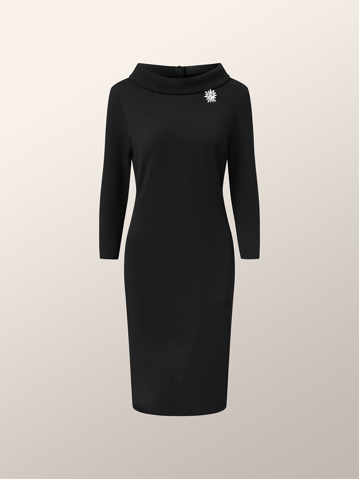 Elegant Regular Fit Stand Collar Plain Dress With Brooch