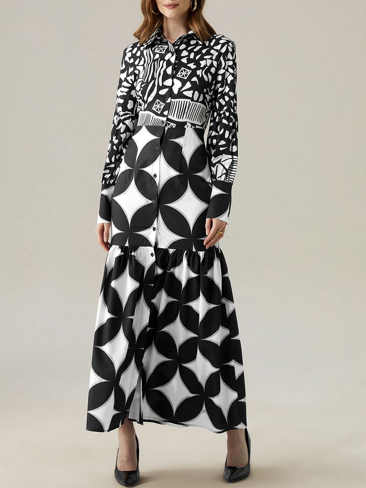 Regular Fit Geometric Shirt Collar Long Sleeve Elegant Maxi Dress