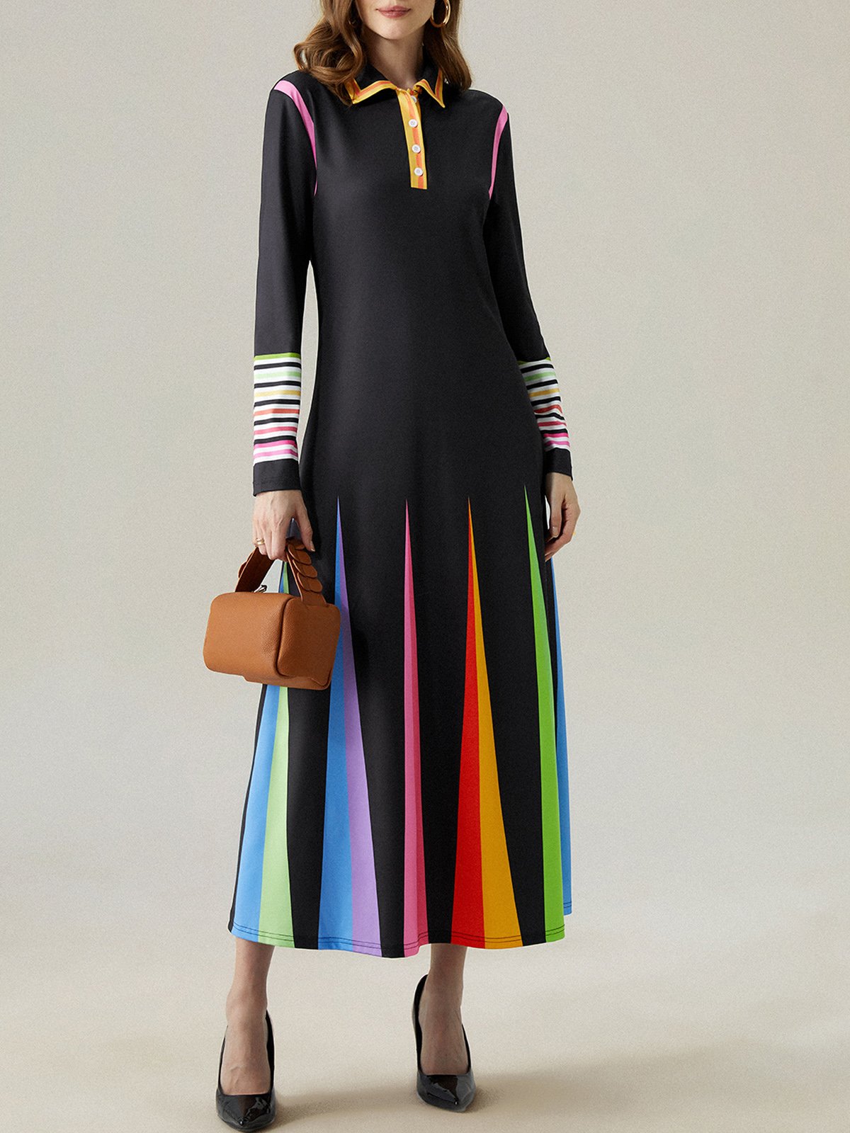 Regular Fit Color Block Shirt Collar Elegant Midi Dress With No Belt