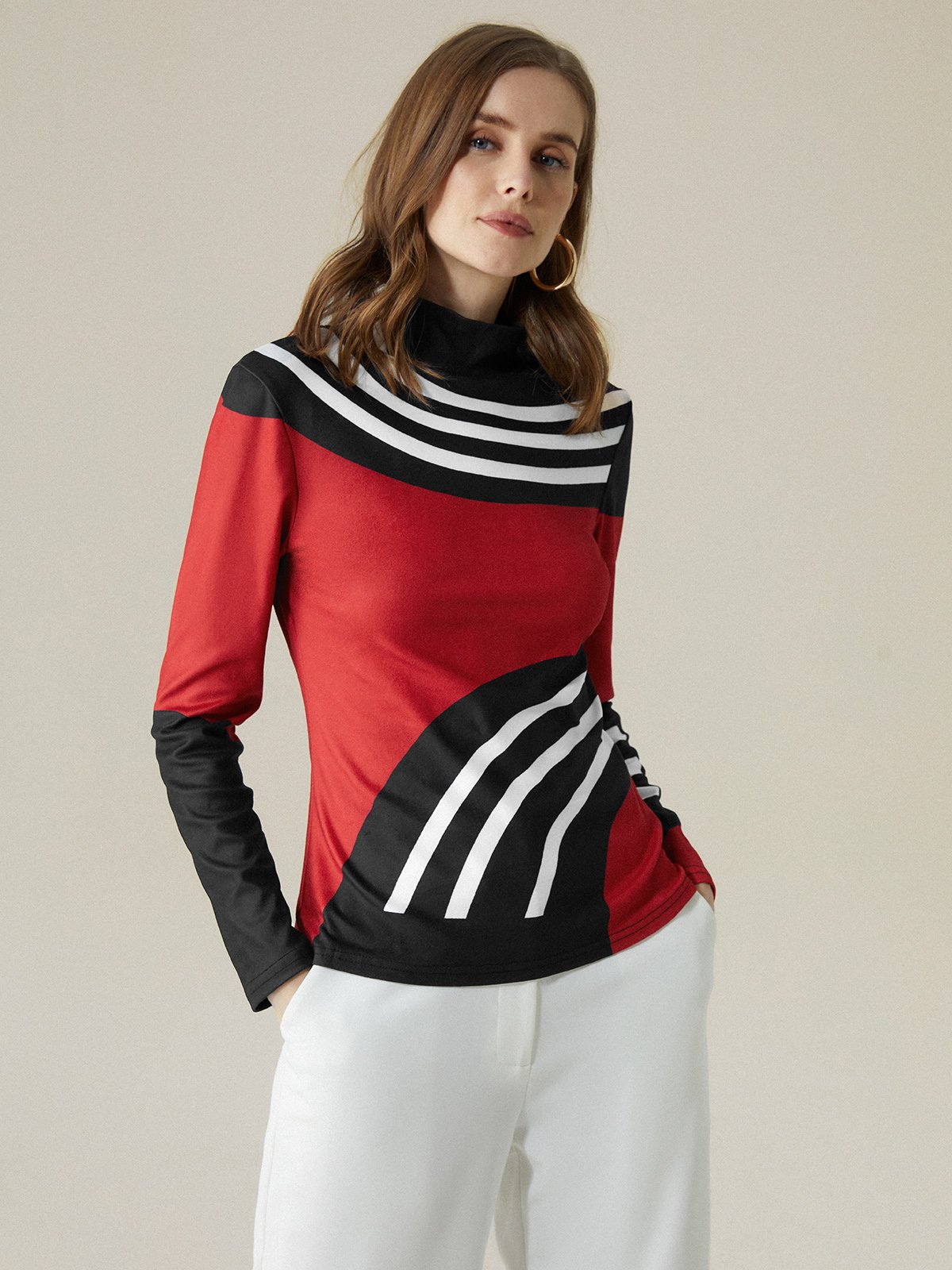 Long Sleeve Urban Geometric Turtleneck T-Shirt