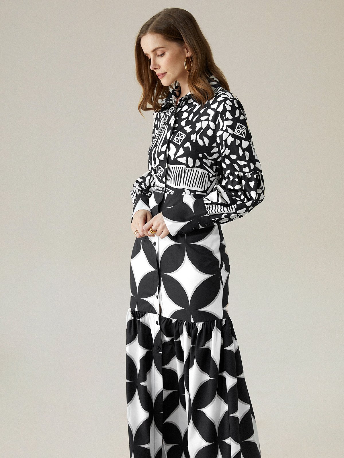 Regular Fit Geometric Shirt Collar Long Sleeve Elegant Maxi Dress