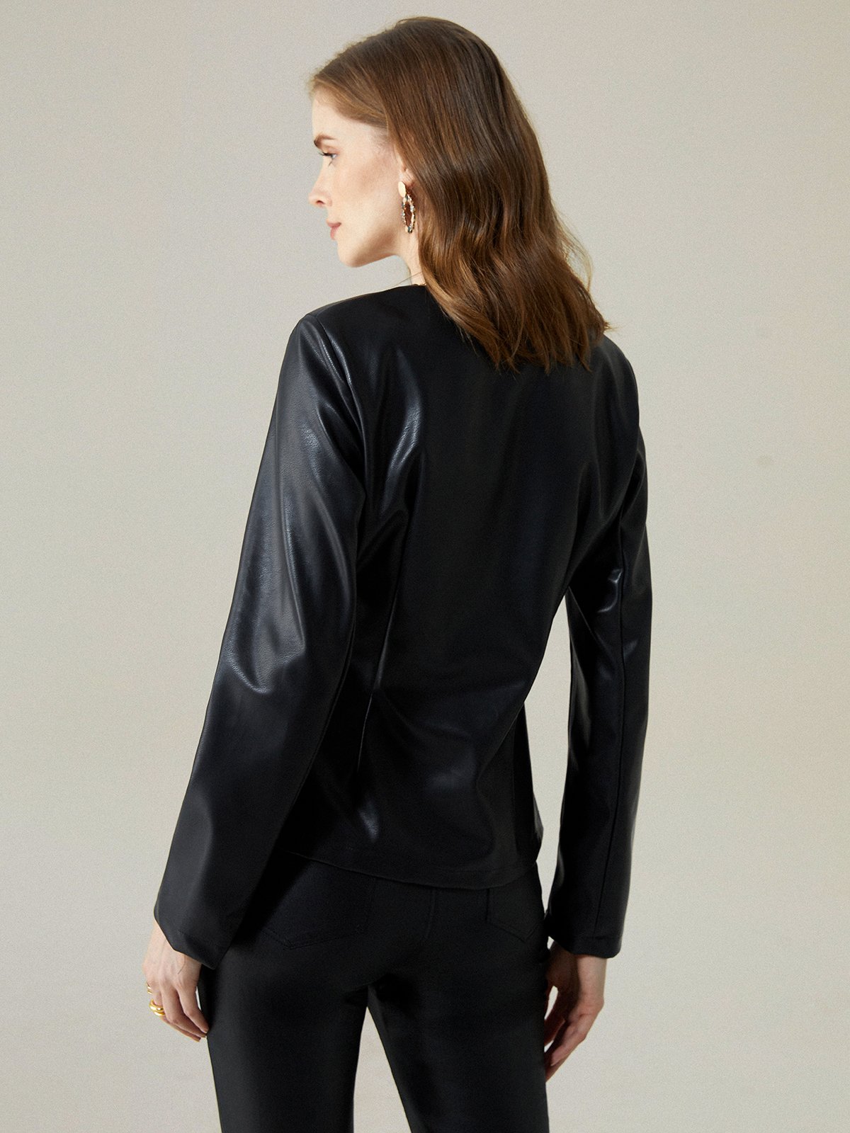 Plain Regular Fit Urban Long Sleeve V Neck Leather Top