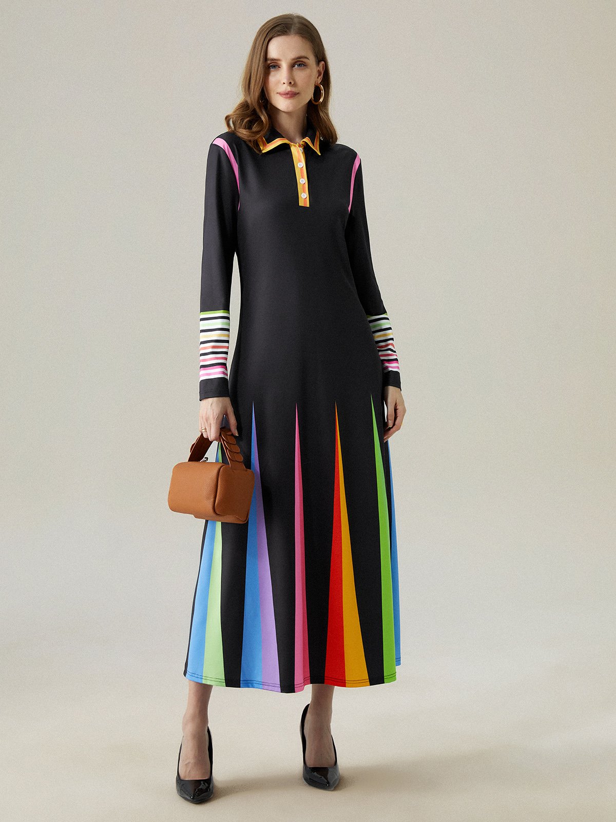 Regular Fit Color Block Shirt Collar Elegant Midi Dress With No Belt