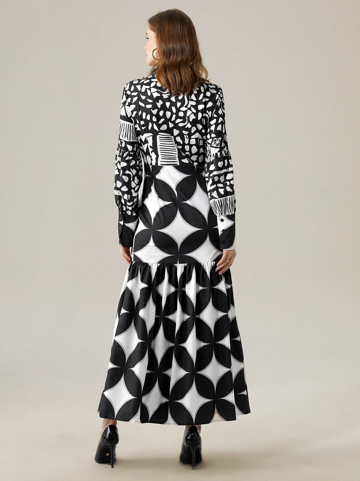 Regular Fit Geometric Shirt Collar Long Sleeve Elegant Maxi Dress