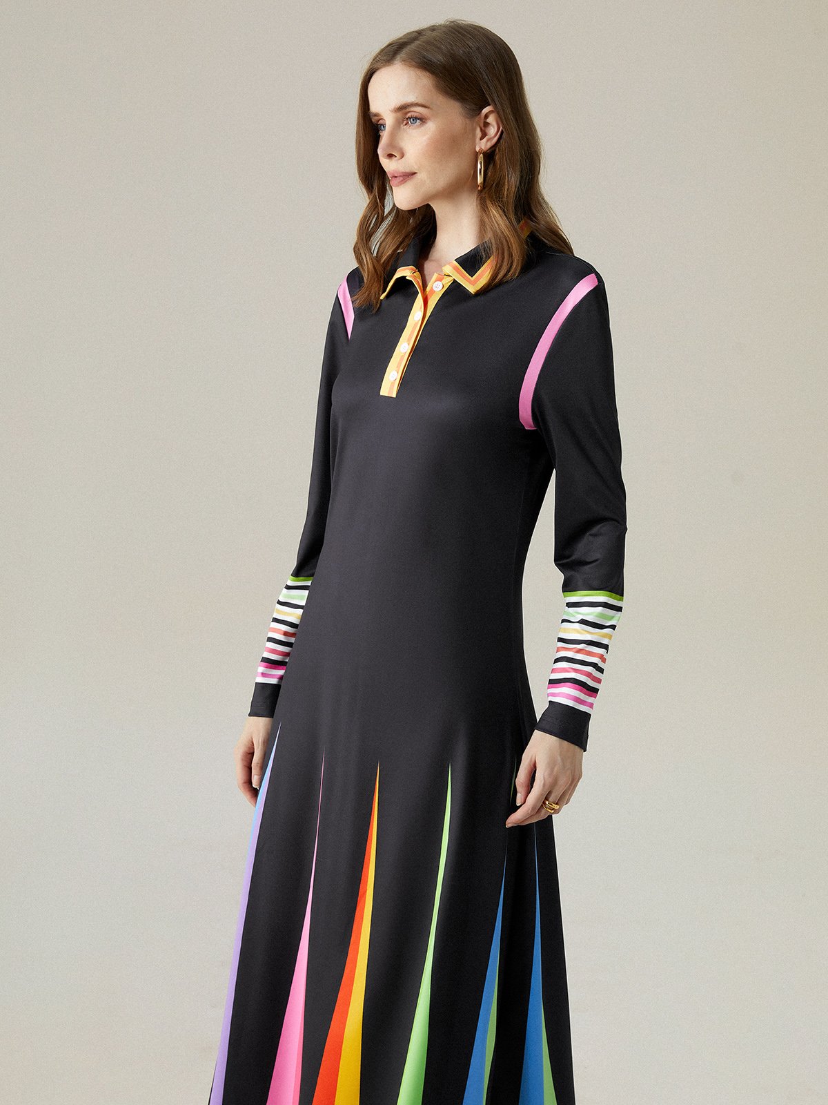 Regular Fit Color Block Shirt Collar Elegant Midi Dress With No Belt