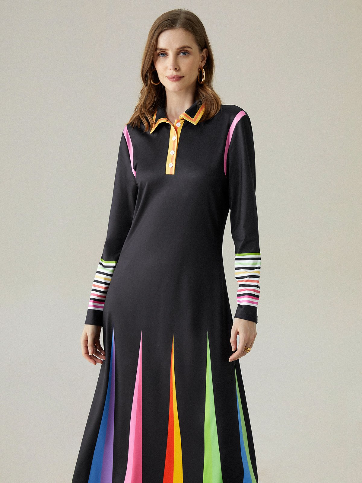 Regular Fit Color Block Shirt Collar Elegant Midi Dress With No Belt