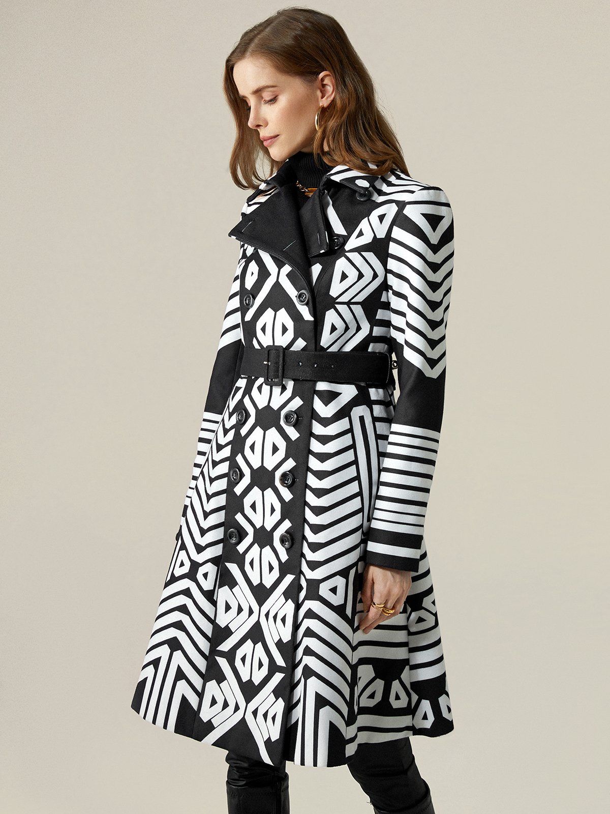 Geometric Shawl Collar Urban Trench Coat With Belt