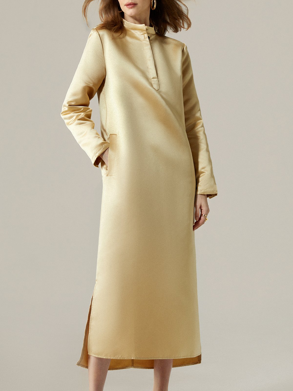 Urban Loose Stand Collar Long Sleeve Plain Maxi Dress