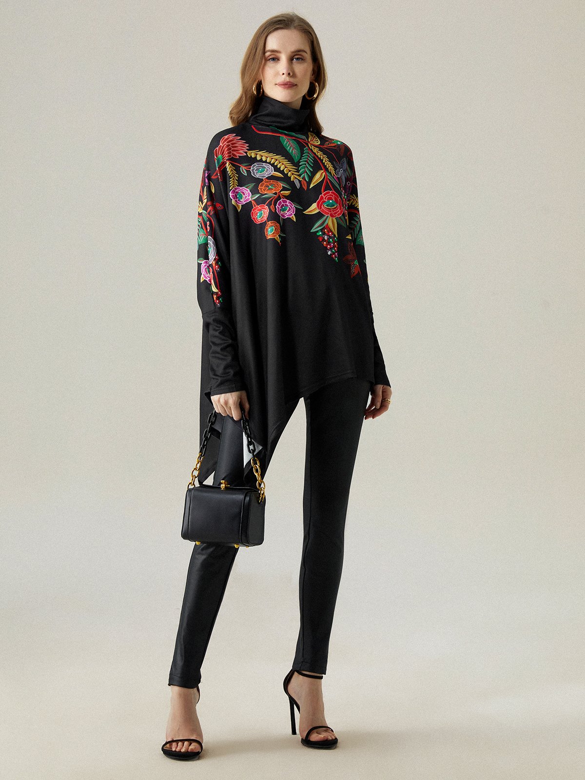 High Elasticity Floral Loose Long Sleeve Turtleneck Urban Shirt