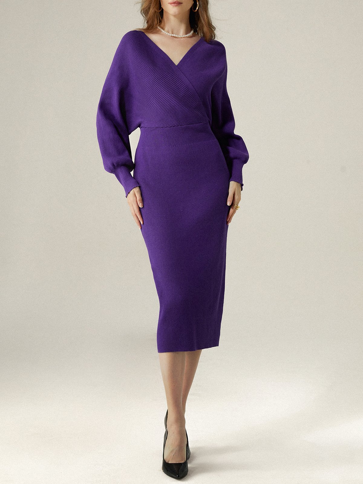 Elegant Regular Fit Plain Sweater Midi Dress With No Belt