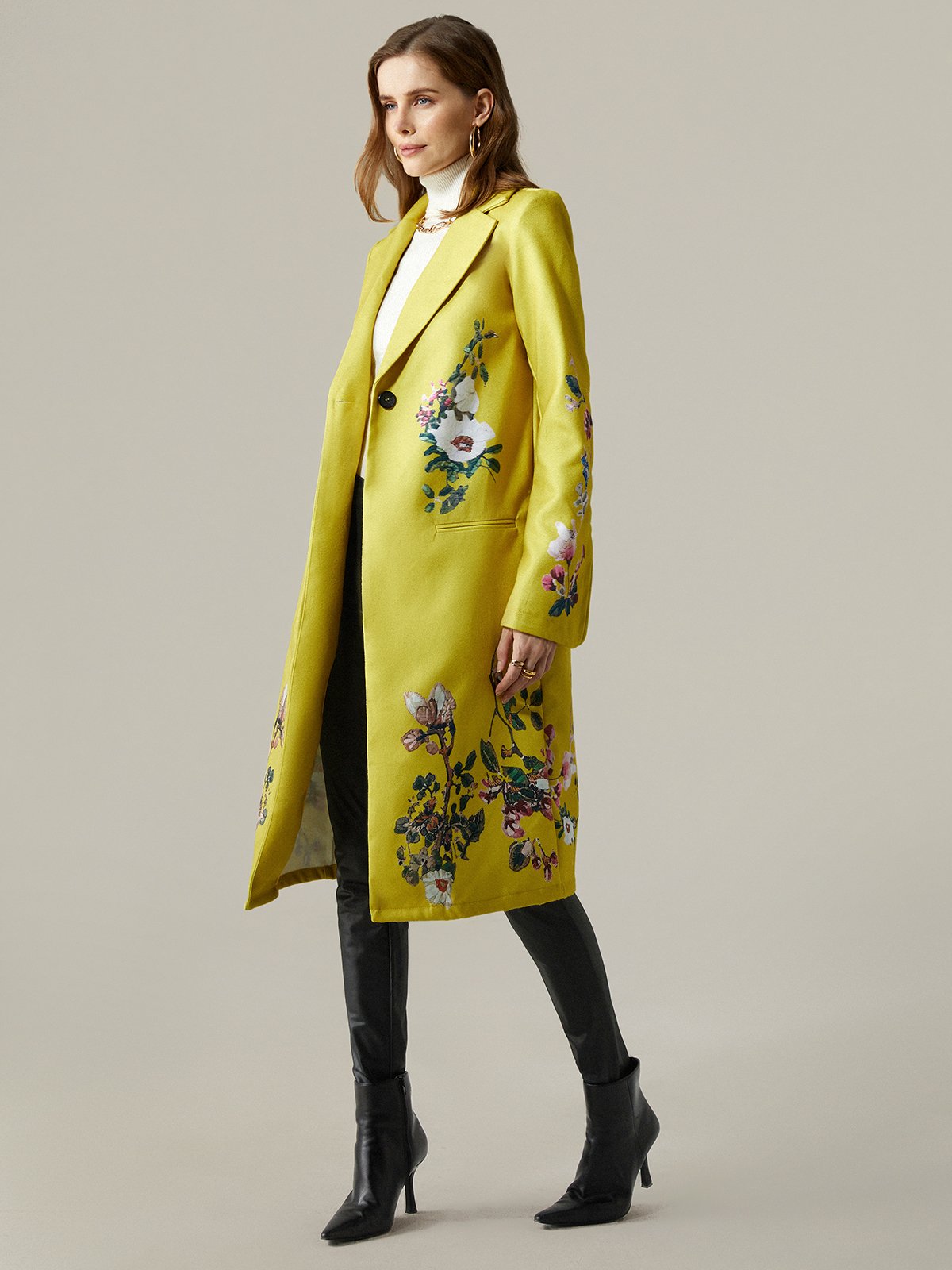 Floral Urban Lapel Collar Loose Long Sleeve Coat