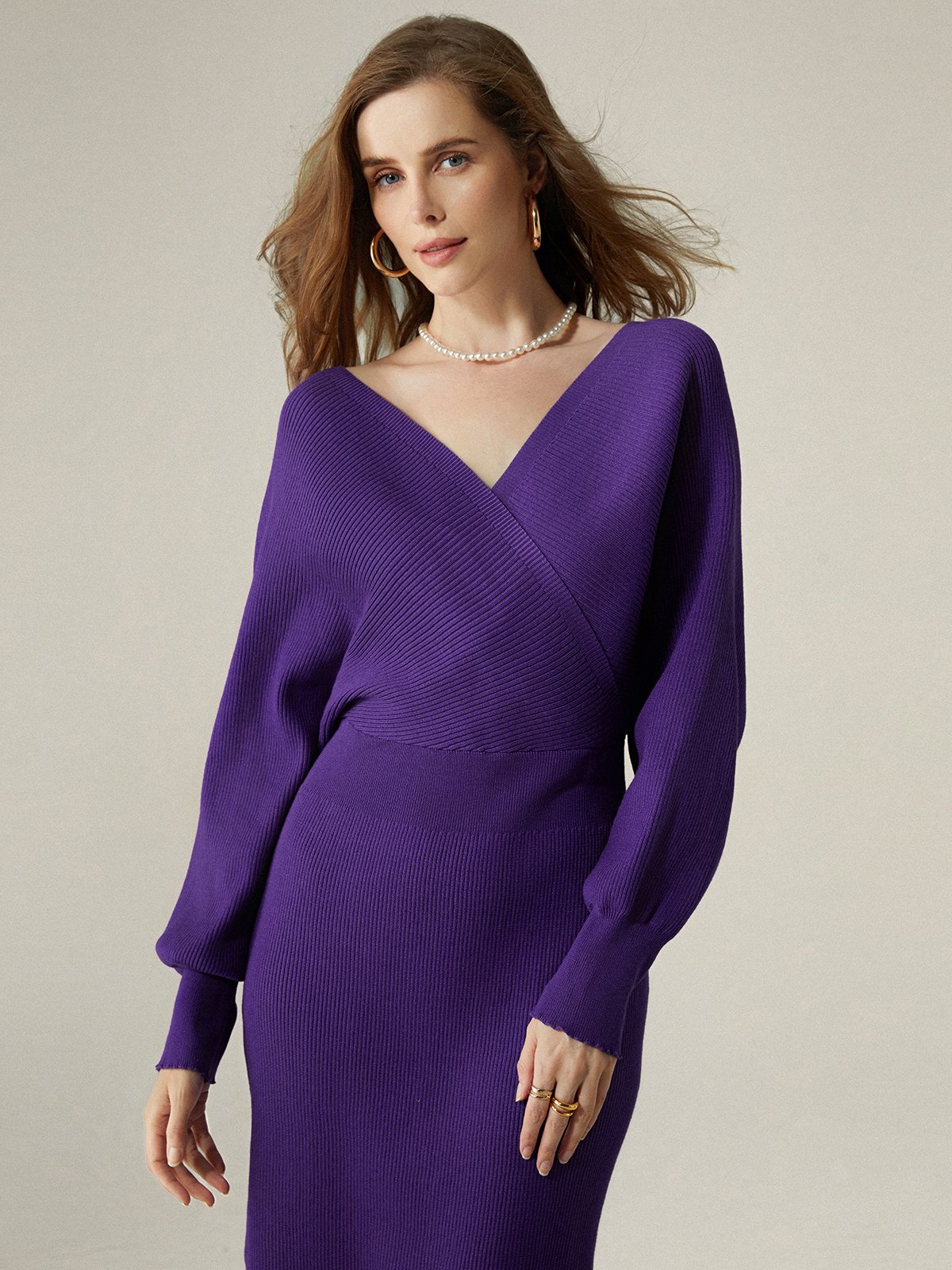 Elegant Regular Fit Plain Sweater Midi Dress With No Belt