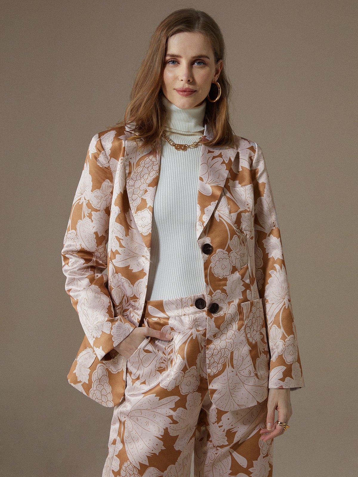 Regular Fit Lapel Collar Urban Floral Long Sleeve Blazer