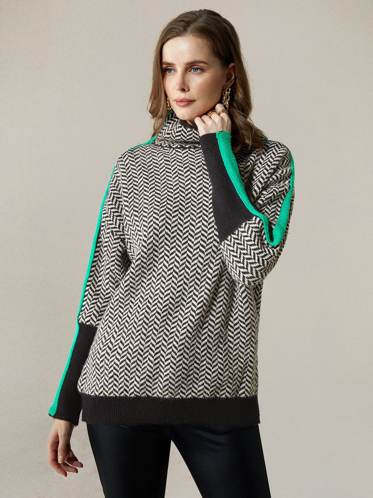 Urban Geometric Turtleneck Long Sleeve Sweater