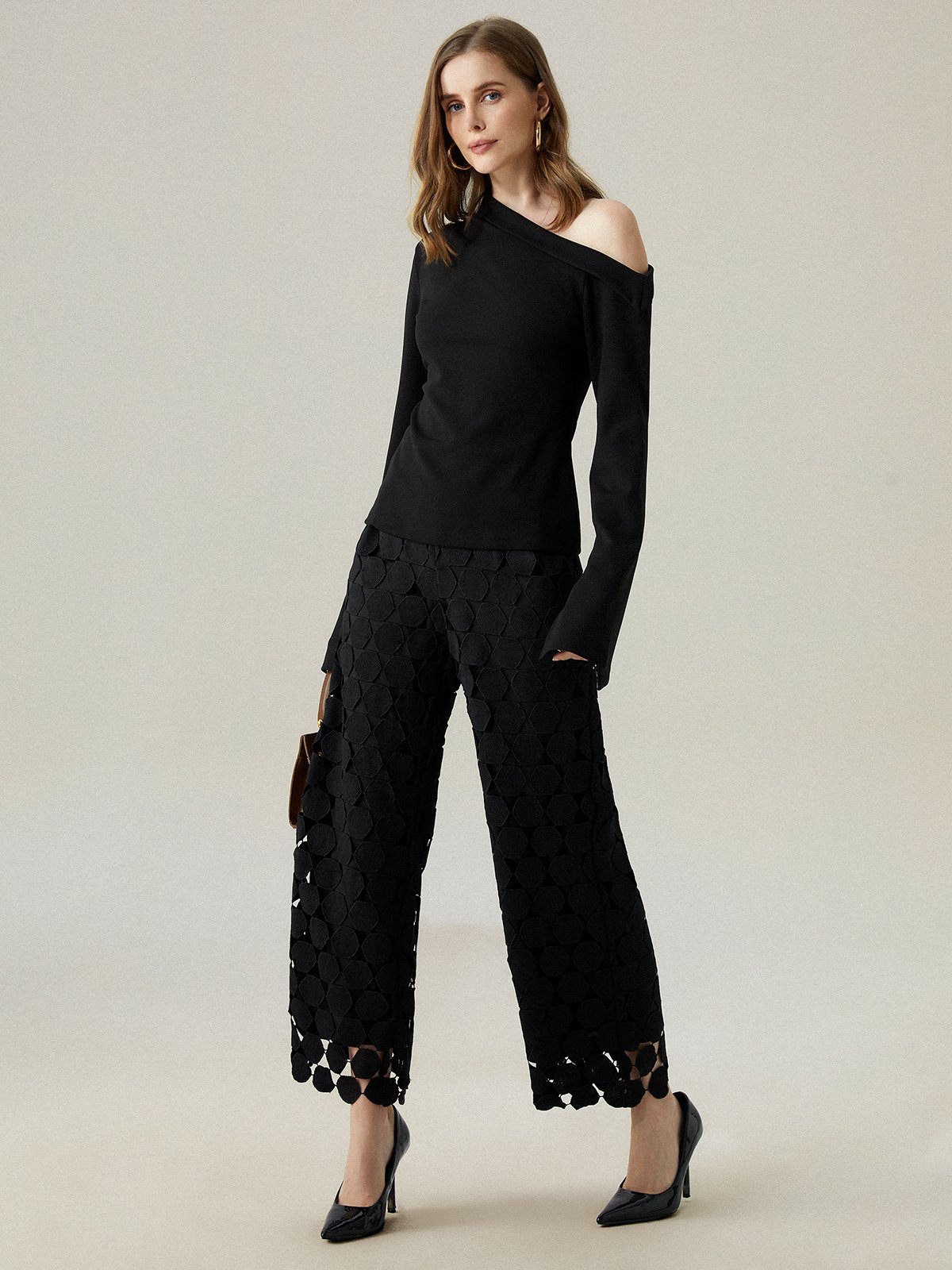 Loose Elegant Lace Plain Fashion Long Pants Straight pants