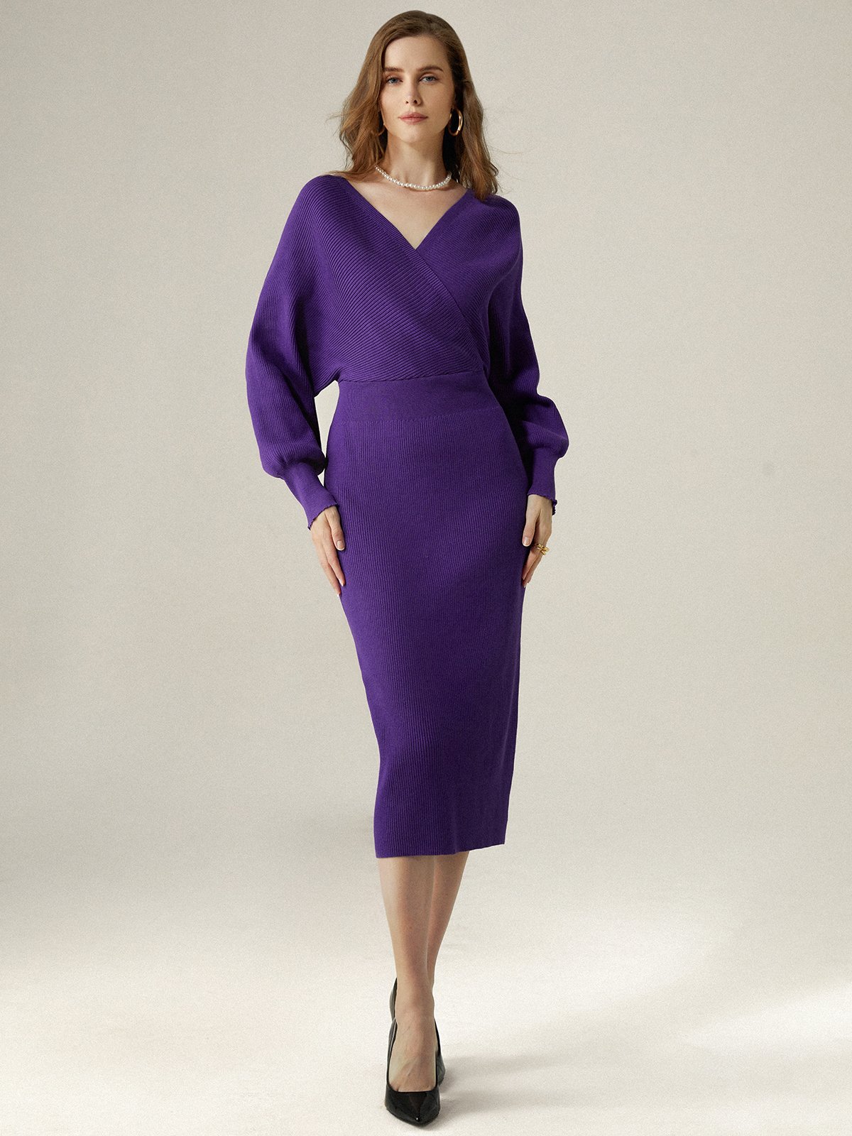 Elegant Regular Fit Plain Sweater Midi Dress With No Belt