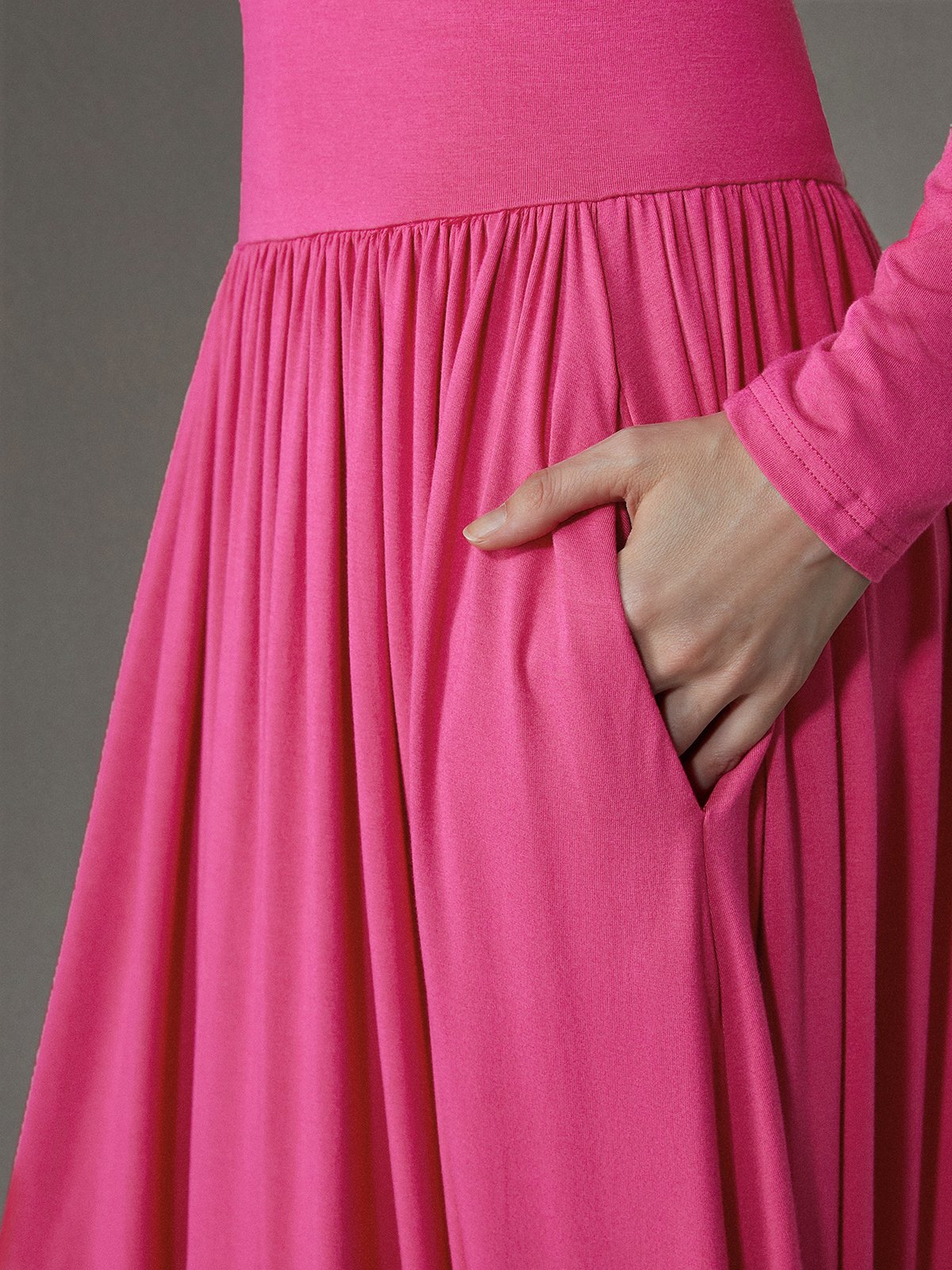 Elegant Ruched Plain Crew Neck  Pockets Dress