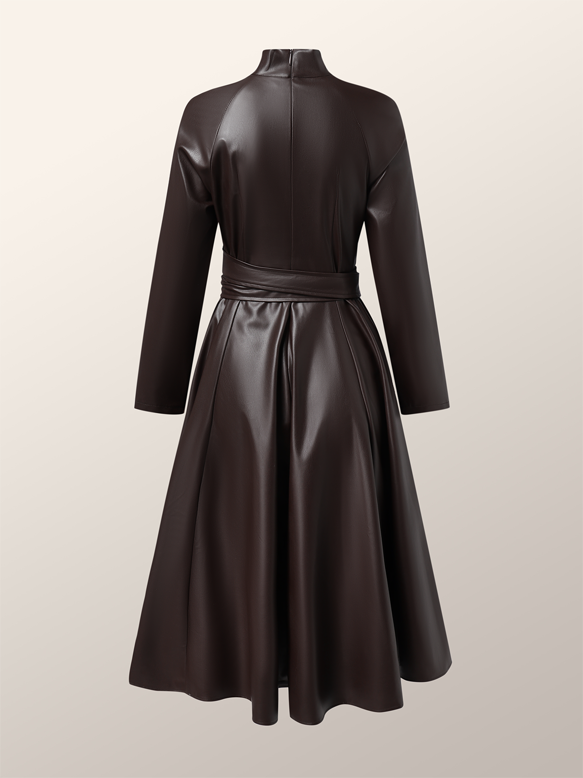 Micro-Elasticity Pu Elegant Stand Collar Long Sleeve Leather Maxi Dress With Belt