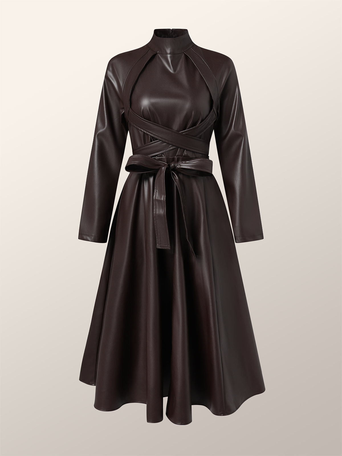 Micro-Elasticity Pu Elegant Stand Collar Long Sleeve Leather Maxi Dress With Belt