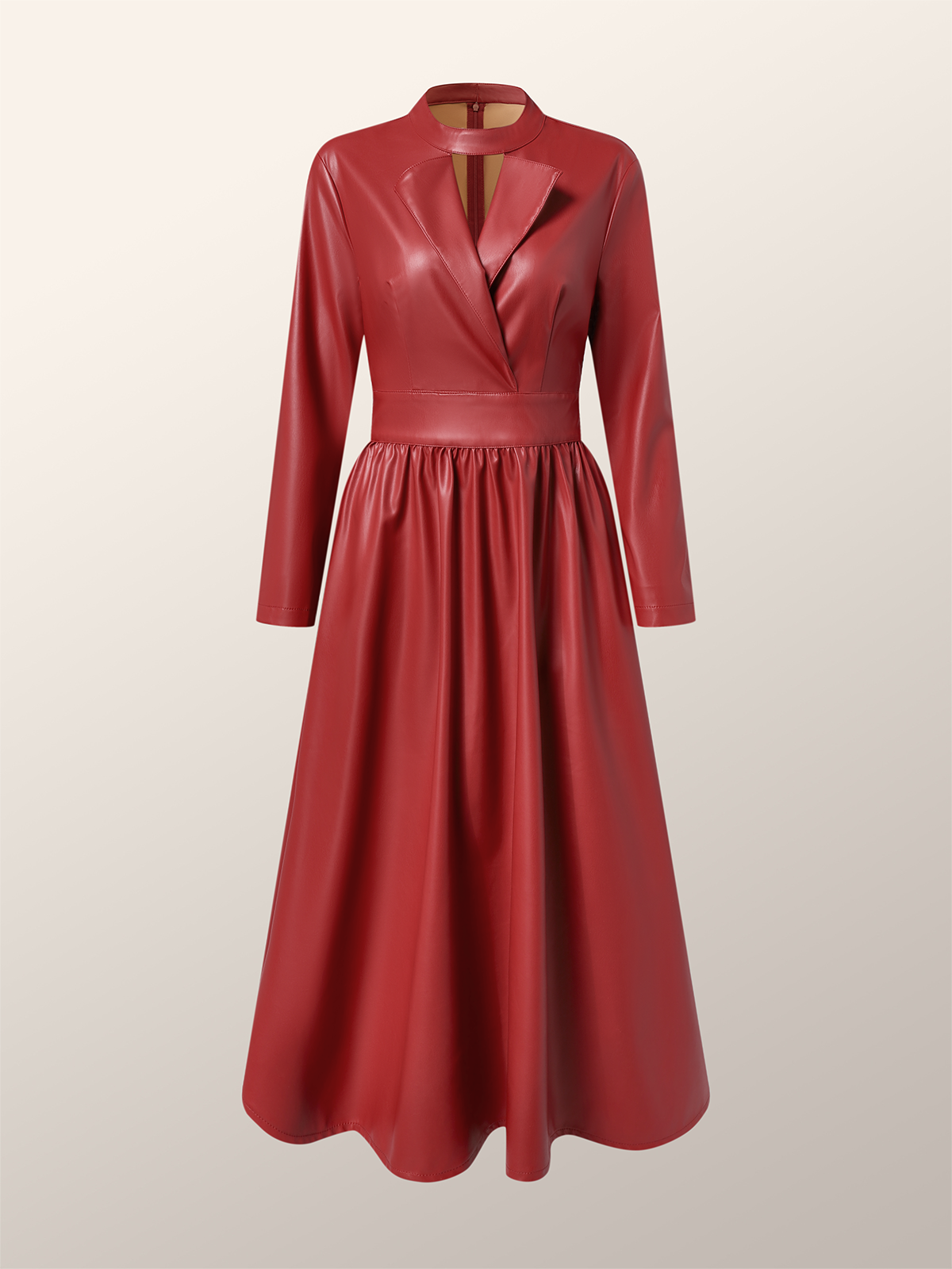 PU Regular Fit Plain Elegant Stand Collar Long Sleeve Leather Maxi Dress