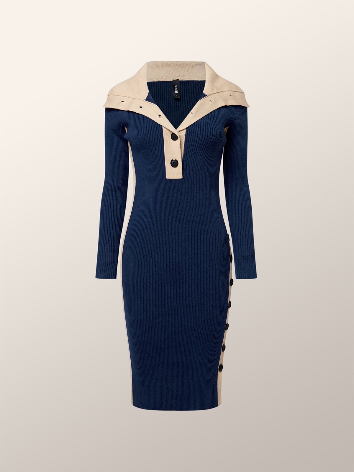 High Elasticity Elegant Tight Color Block Long Sleeve Others Sweater Midi Dress