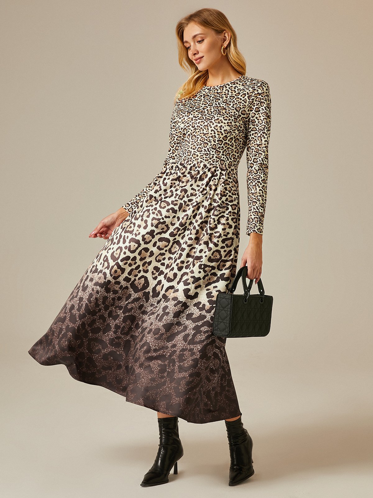 Leopard  Print Urban Regular Fit Pockets Crew Neck Dress