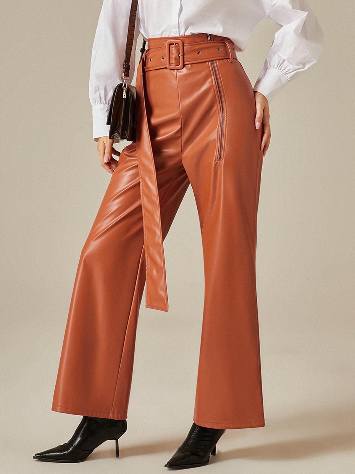 Urban High Waist Plain Leather Pants With Belt